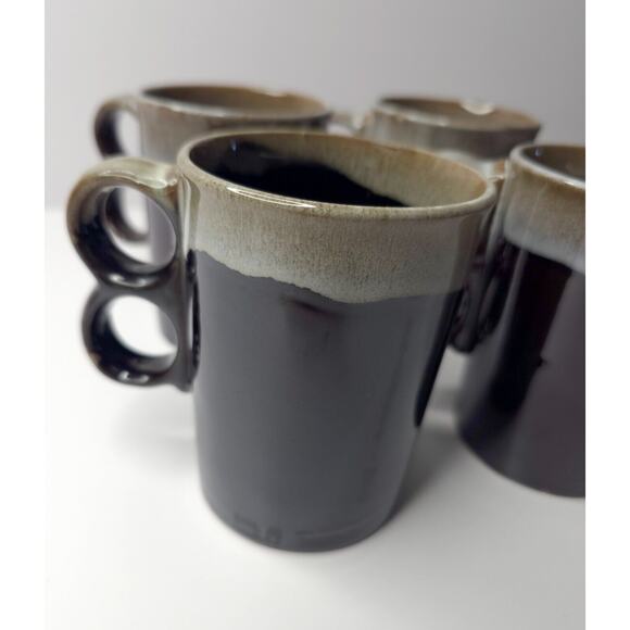 Set of 4 Vintage Brown Drip Glaze Trigger Two-Finger Handle Redware Mug Japan - Picture 2 of 13